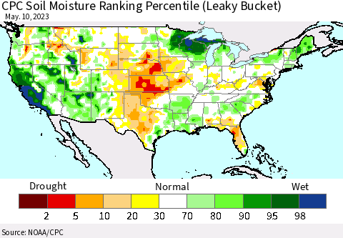 United States CPC Calculated Soil Moisture Ranking Percentile Thematic Map For 5/6/2023 - 5/10/2023