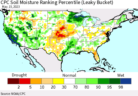 United States CPC Calculated Soil Moisture Ranking Percentile Thematic Map For 5/11/2023 - 5/15/2023