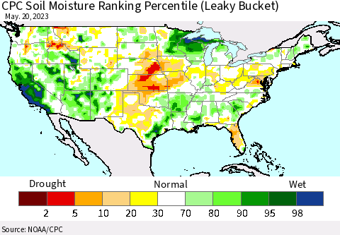 United States CPC Calculated Soil Moisture Ranking Percentile Thematic Map For 5/16/2023 - 5/20/2023