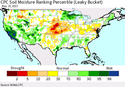 United States CPC Calculated Soil Moisture Ranking Percentile Thematic Map For 5/21/2023 - 5/25/2023