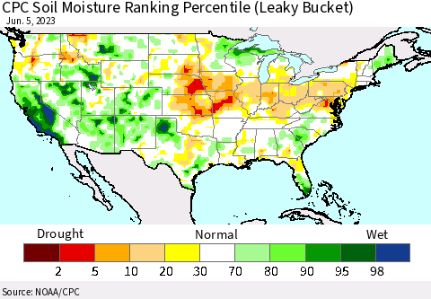 United States CPC Soil Moisture Ranking Percentile (Leaky Bucket) Thematic Map For 6/1/2023 - 6/5/2023