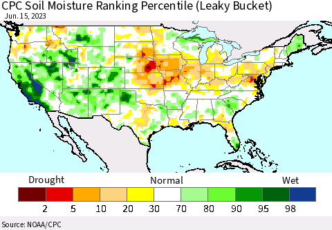 United States CPC Soil Moisture Ranking Percentile (Leaky Bucket) Thematic Map For 6/11/2023 - 6/15/2023