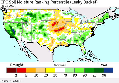 United States CPC Soil Moisture Ranking Percentile (Leaky Bucket) Thematic Map For 7/1/2023 - 7/5/2023