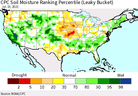 United States CPC Soil Moisture Ranking Percentile (Leaky Bucket) Thematic Map For 7/6/2023 - 7/10/2023