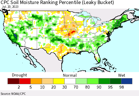 United States CPC Soil Moisture Ranking Percentile (Leaky Bucket) Thematic Map For 7/16/2023 - 7/20/2023