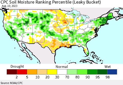 United States CPC Soil Moisture Ranking Percentile (Leaky Bucket) Thematic Map For 8/6/2023 - 8/10/2023