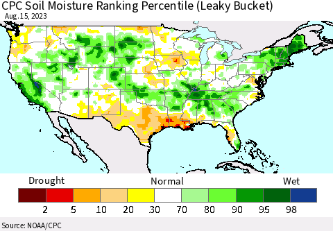 United States CPC Soil Moisture Ranking Percentile Thematic Map For 8/11/2023 - 8/15/2023