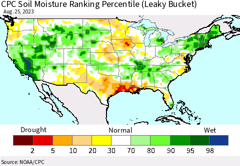 United States CPC Soil Moisture Ranking Percentile Thematic Map For 8/21/2023 - 8/25/2023