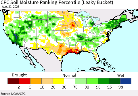 United States CPC Soil Moisture Ranking Percentile (Leaky Bucket) Thematic Map For 8/26/2023 - 8/31/2023