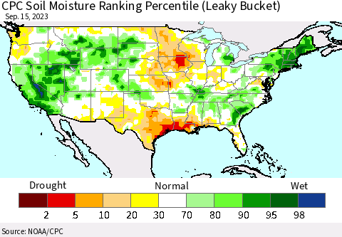 United States CPC Soil Moisture Ranking Percentile Thematic Map For 9/11/2023 - 9/15/2023