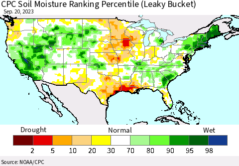 United States CPC Soil Moisture Ranking Percentile (Leaky Bucket) Thematic Map For 9/16/2023 - 9/20/2023