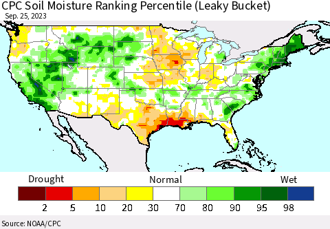 United States CPC Soil Moisture Ranking Percentile Thematic Map For 9/21/2023 - 9/25/2023