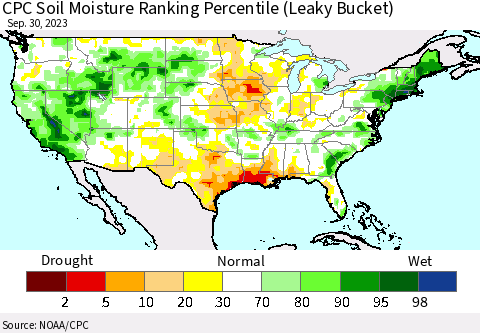 United States CPC Soil Moisture Ranking Percentile Thematic Map For 9/26/2023 - 9/30/2023