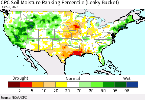 United States CPC Soil Moisture Ranking Percentile (Leaky Bucket) Thematic Map For 10/1/2023 - 10/5/2023