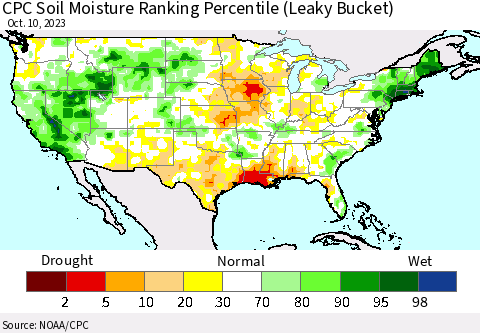 United States CPC Soil Moisture Ranking Percentile (Leaky Bucket) Thematic Map For 10/6/2023 - 10/10/2023