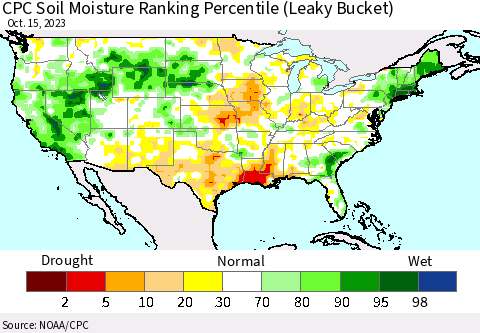 United States CPC Soil Moisture Ranking Percentile (Leaky Bucket) Thematic Map For 10/11/2023 - 10/15/2023