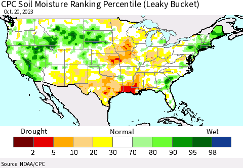 United States CPC Soil Moisture Ranking Percentile (Leaky Bucket) Thematic Map For 10/16/2023 - 10/20/2023