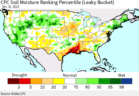 United States CPC Soil Moisture Ranking Percentile (Leaky Bucket) Thematic Map For 10/26/2023 - 10/31/2023