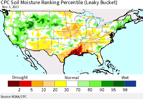 United States CPC Soil Moisture Ranking Percentile (Leaky Bucket) Thematic Map For 11/1/2023 - 11/5/2023