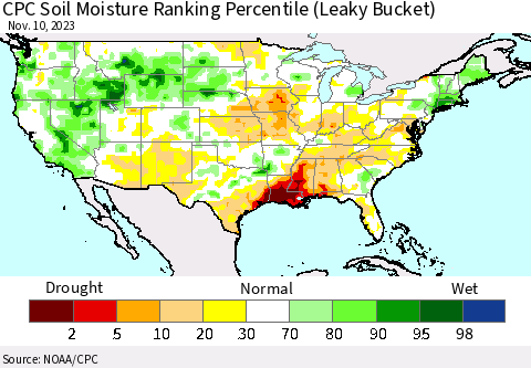 United States CPC Soil Moisture Ranking Percentile (Leaky Bucket) Thematic Map For 11/6/2023 - 11/10/2023
