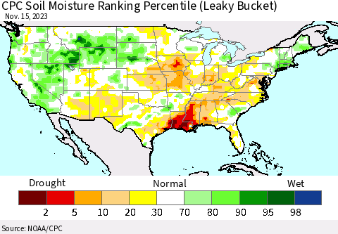 United States CPC Soil Moisture Ranking Percentile (Leaky Bucket) Thematic Map For 11/11/2023 - 11/15/2023
