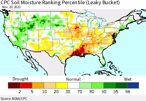 United States CPC Soil Moisture Ranking Percentile (Leaky Bucket) Thematic Map For 11/16/2023 - 11/20/2023