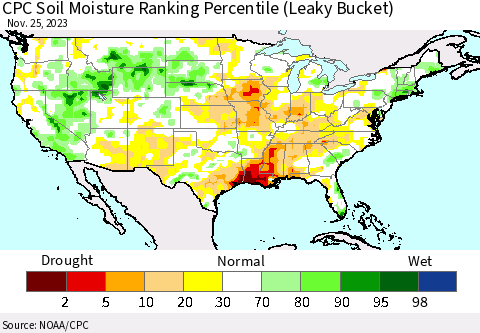 United States CPC Soil Moisture Ranking Percentile (Leaky Bucket) Thematic Map For 11/21/2023 - 11/25/2023