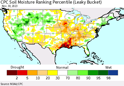 United States CPC Soil Moisture Ranking Percentile (Leaky Bucket) Thematic Map For 11/26/2023 - 11/30/2023