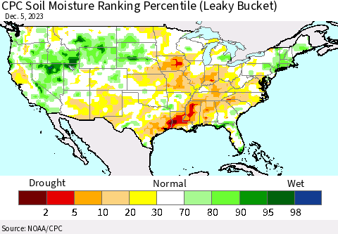 United States CPC Soil Moisture Ranking Percentile (Leaky Bucket) Thematic Map For 12/1/2023 - 12/5/2023