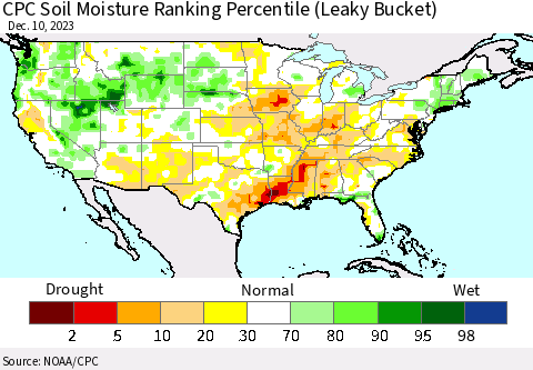 United States CPC Soil Moisture Ranking Percentile (Leaky Bucket) Thematic Map For 12/6/2023 - 12/10/2023