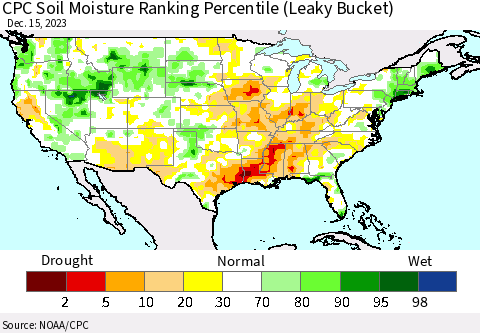 United States CPC Soil Moisture Ranking Percentile (Leaky Bucket) Thematic Map For 12/11/2023 - 12/15/2023