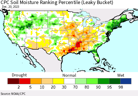 United States CPC Soil Moisture Ranking Percentile (Leaky Bucket) Thematic Map For 12/16/2023 - 12/20/2023