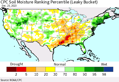 United States CPC Soil Moisture Ranking Percentile (Leaky Bucket) Thematic Map For 12/21/2023 - 12/25/2023