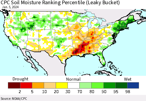 United States CPC Soil Moisture Ranking Percentile (Leaky Bucket) Thematic Map For 1/1/2024 - 1/5/2024