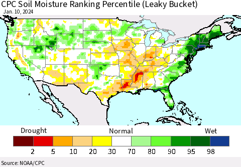 United States CPC Soil Moisture Ranking Percentile (Leaky Bucket) Thematic Map For 1/6/2024 - 1/10/2024