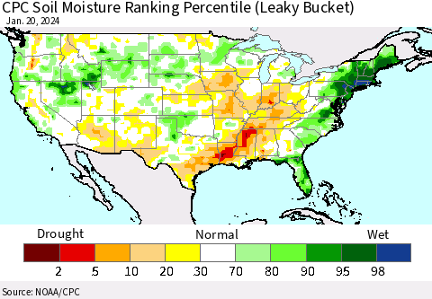 United States CPC Soil Moisture Ranking Percentile (Leaky Bucket) Thematic Map For 1/16/2024 - 1/20/2024