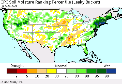 United States CPC Soil Moisture Ranking Percentile (Leaky Bucket) Thematic Map For 1/21/2024 - 1/25/2024