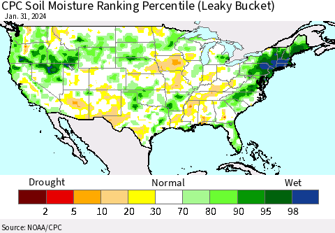 United States CPC Soil Moisture Ranking Percentile (Leaky Bucket) Thematic Map For 1/26/2024 - 1/31/2024