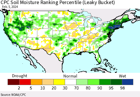 United States CPC Soil Moisture Ranking Percentile (Leaky Bucket) Thematic Map For 2/1/2024 - 2/5/2024