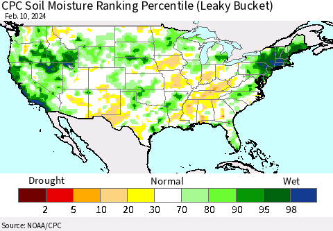 United States CPC Soil Moisture Ranking Percentile (Leaky Bucket) Thematic Map For 2/6/2024 - 2/10/2024