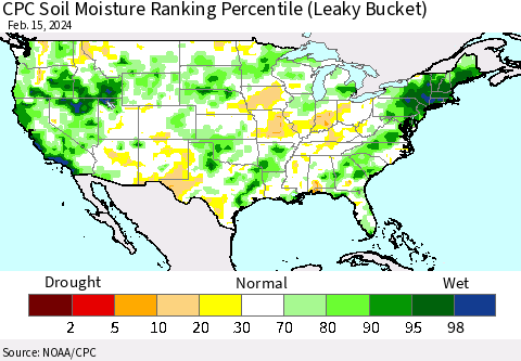 United States CPC Soil Moisture Ranking Percentile (Leaky Bucket) Thematic Map For 2/11/2024 - 2/15/2024