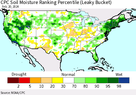 United States CPC Soil Moisture Ranking Percentile (Leaky Bucket) Thematic Map For 2/16/2024 - 2/20/2024