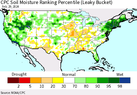 United States CPC Soil Moisture Ranking Percentile (Leaky Bucket) Thematic Map For 2/26/2024 - 2/29/2024