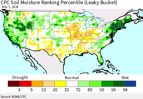 United States CPC Soil Moisture Ranking Percentile (Leaky Bucket) Thematic Map For 3/1/2024 - 3/5/2024