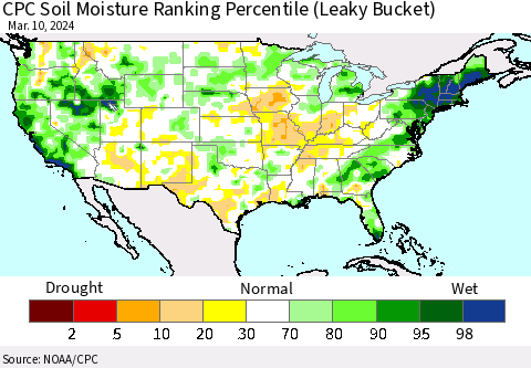 United States CPC Soil Moisture Ranking Percentile (Leaky Bucket) Thematic Map For 3/6/2024 - 3/10/2024