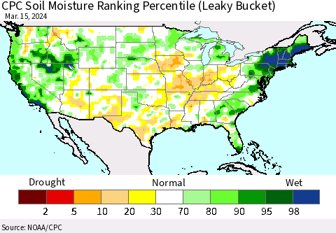 United States CPC Soil Moisture Ranking Percentile (Leaky Bucket) Thematic Map For 3/11/2024 - 3/15/2024