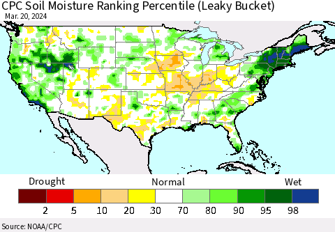 United States CPC Soil Moisture Ranking Percentile (Leaky Bucket) Thematic Map For 3/16/2024 - 3/20/2024