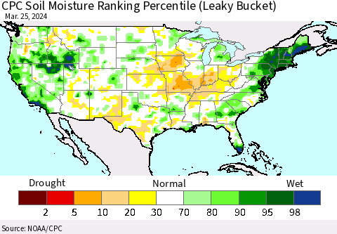 United States CPC Soil Moisture Ranking Percentile (Leaky Bucket) Thematic Map For 3/21/2024 - 3/25/2024