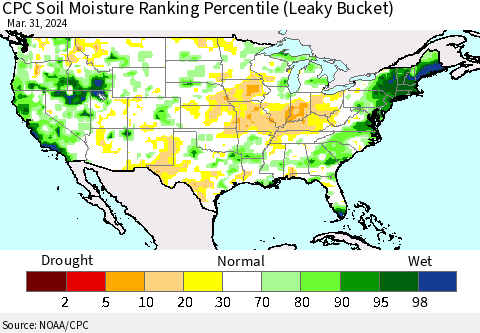 United States CPC Soil Moisture Ranking Percentile (Leaky Bucket) Thematic Map For 3/26/2024 - 3/31/2024