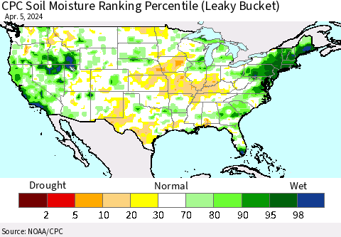 United States CPC Soil Moisture Ranking Percentile (Leaky Bucket) Thematic Map For 4/1/2024 - 4/5/2024